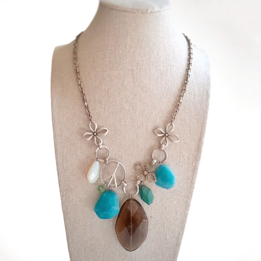 Fossil Peace Sign Silver Hippie Statement Necklace